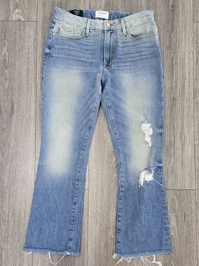 Frame Denim Faded Light Blue Distressed Wide-Leg Jeans